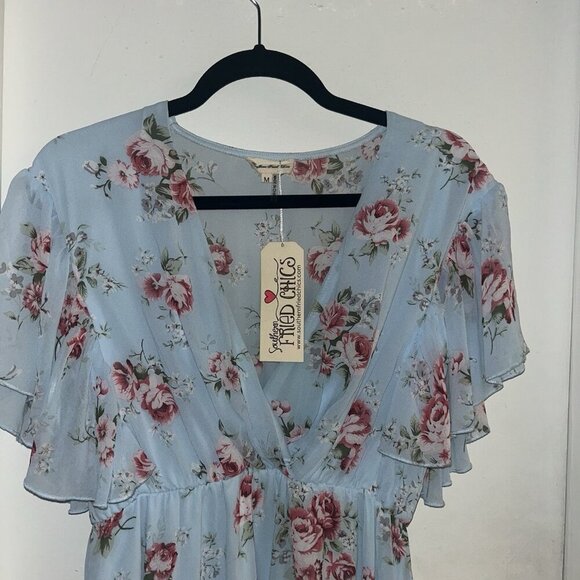 Southern Fried Chics Blue Floral Cottegecore Flutter Sleeve Dress Size Medium - Picture 3 of 7